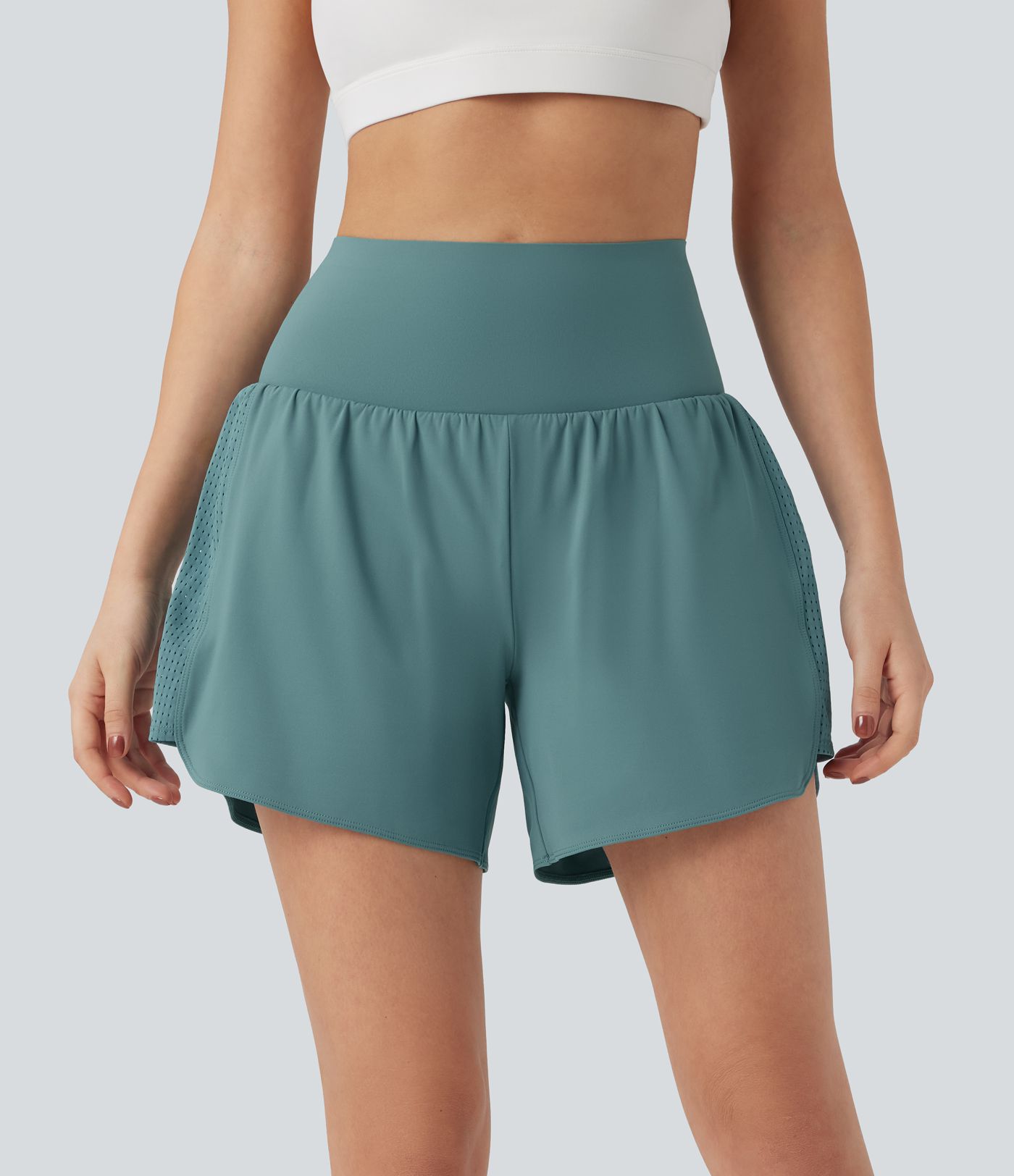 Super High Waisted Tummy Control Contrast Mesh 2-in-1 Yoga Shorts 5'' with Pockets