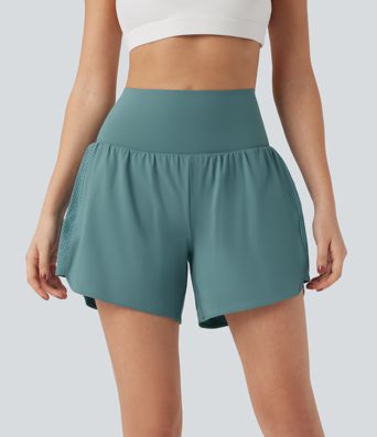 Super High Waisted Tummy Control Contrast Mesh 2-in-1 Yoga Shorts 5'' with Pockets