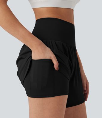 SoCinched Super short de yoga 2-en-1 taille haute galbant le ventre, mesh contrasté, 5'' avec poches