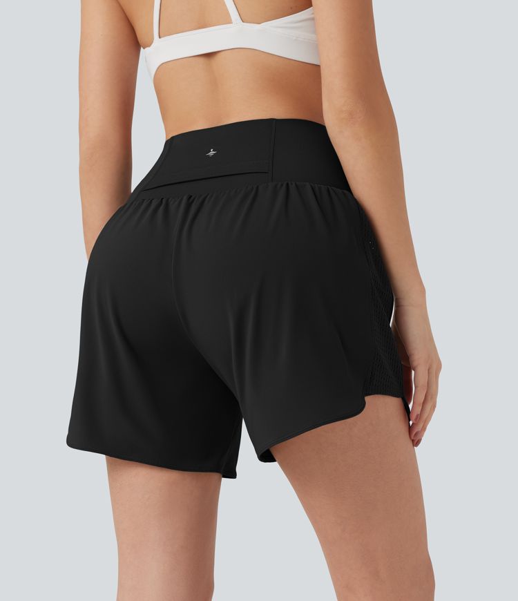 SoCinched Super High Waisted Tummy Control Contrast Mesh 2-in-1 Yoga Shorts 5'' with Pockets
