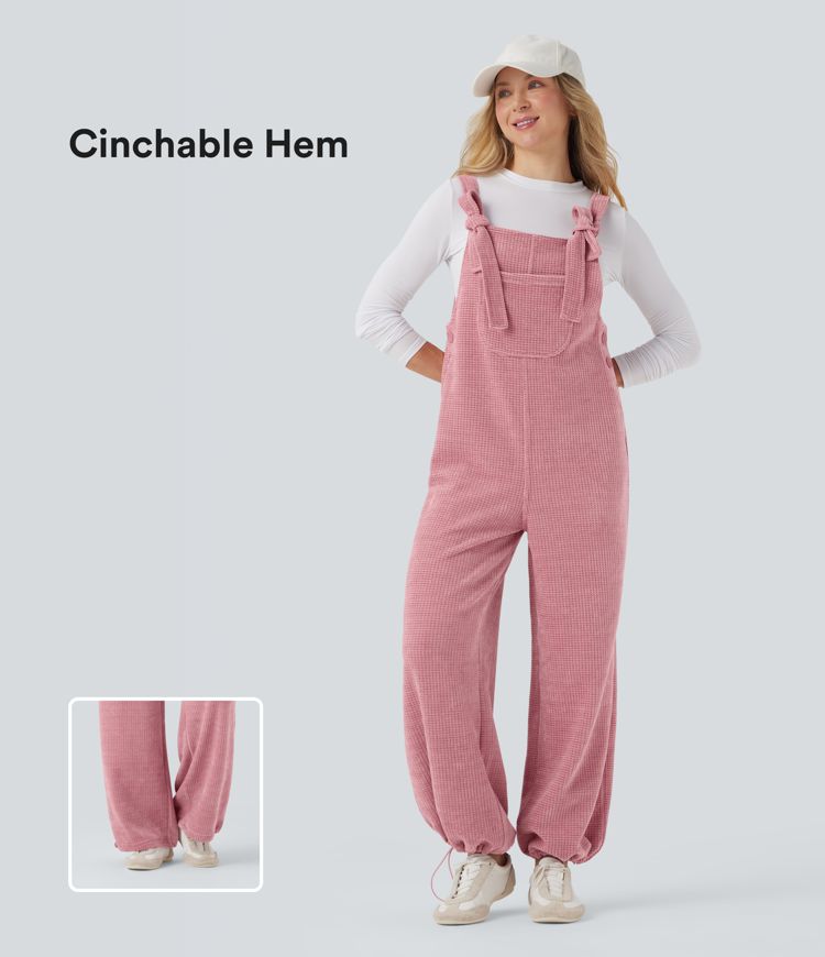 Tie Front Cinchable Hem Chenille Waffle Casual Overalls with Pockets