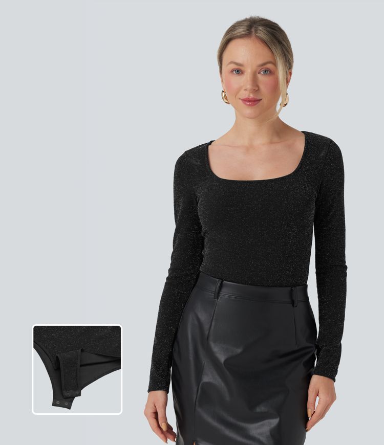 Square Neck Long Sleeve Metallic Bodysuit
