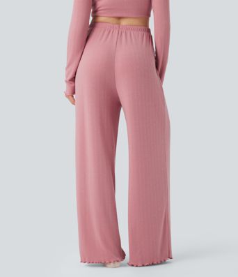 Pantalones rectos de salón Pointelle de cintura alta con cordón y ribete de lechuga