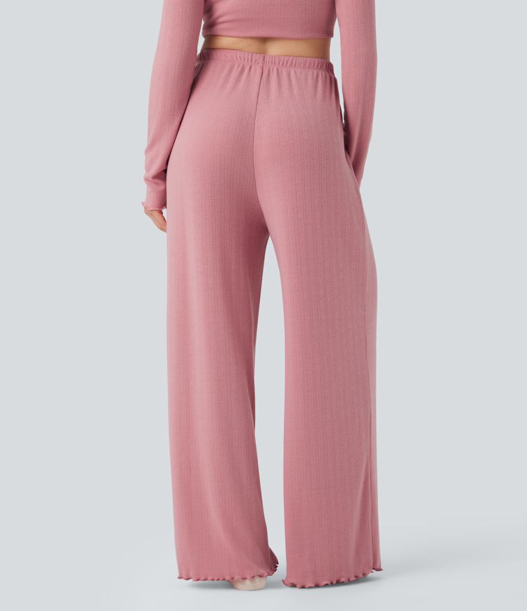 Pantalones rectos de salón Pointelle de cintura alta con cordón y ribete de lechuga