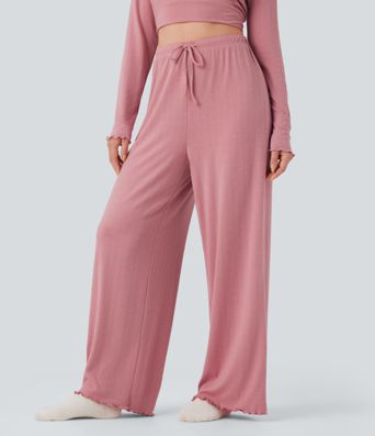 Pantalones rectos de salón Pointelle de cintura alta con cordón y ribete de lechuga