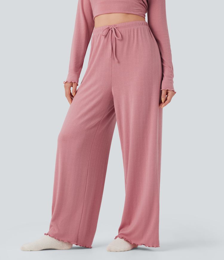 Pantalones rectos de salón Pointelle de cintura alta con cordón y ribete de lechuga