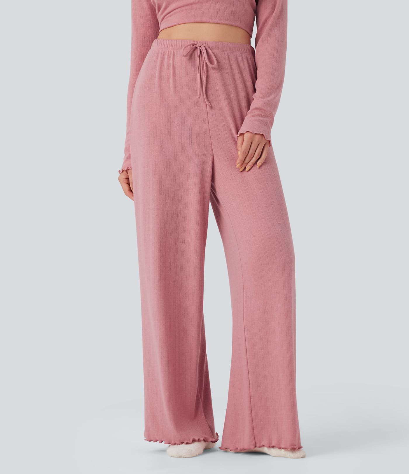 Pantalones rectos de salón Pointelle de cintura alta con cordón y ribete de lechuga