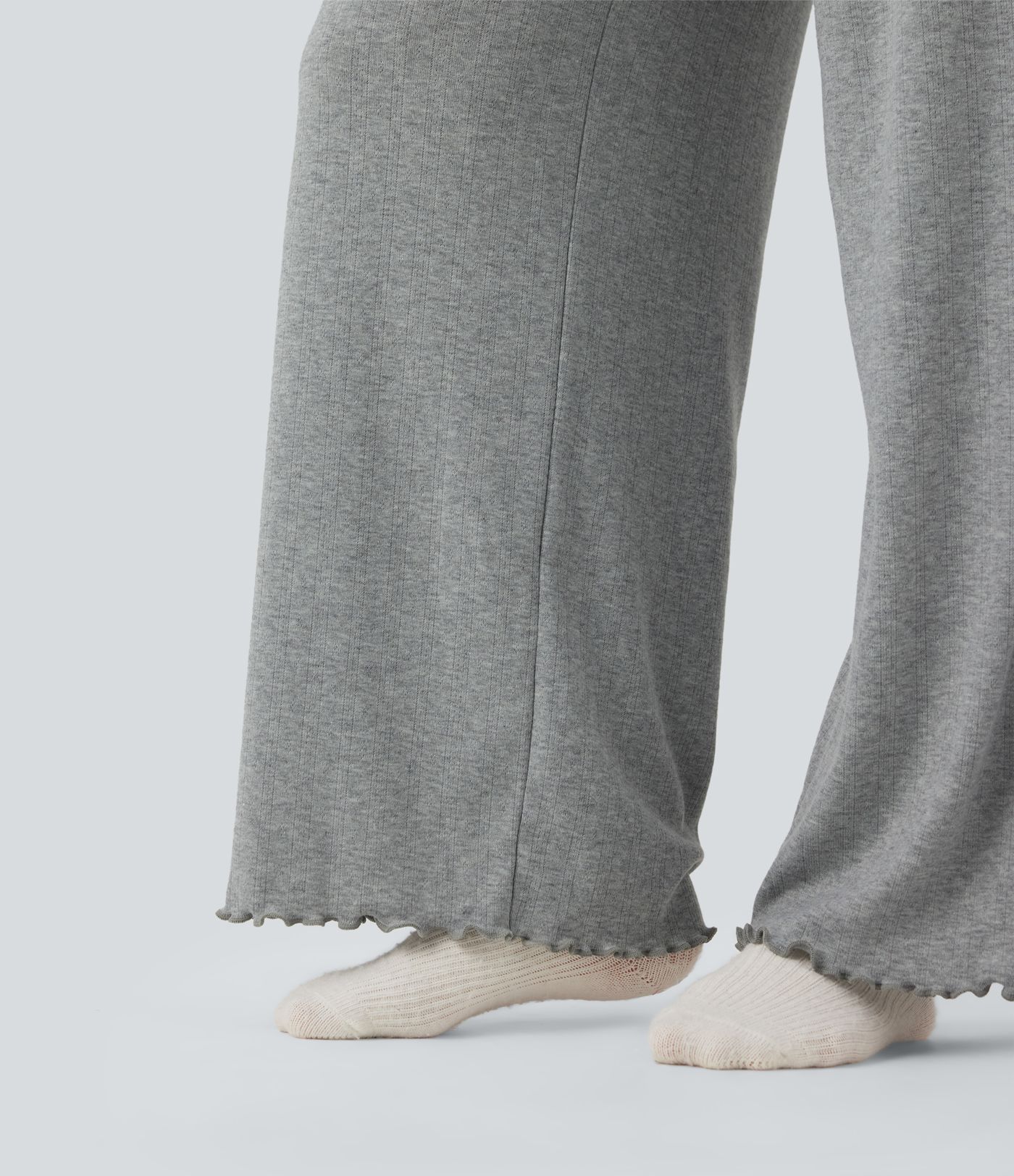 Ribbed Knit Pointelle High Waisted Drawstring Lettuce Trim Straight Leg Lounge Trousers