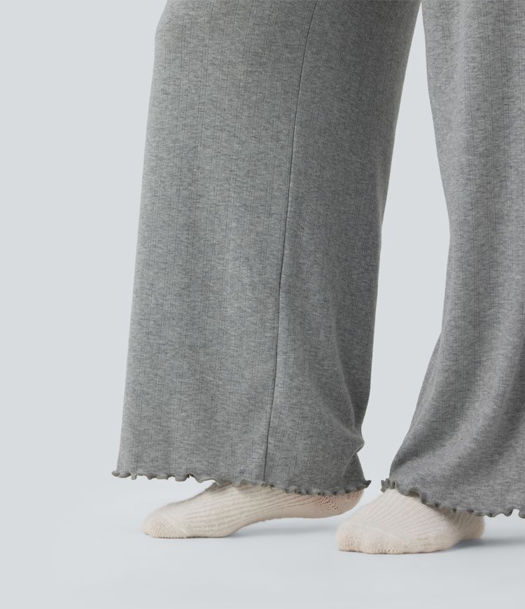 Ribbed Knit Pointelle High Waisted Drawstring Lettuce Trim Straight Leg Lounge Trousers