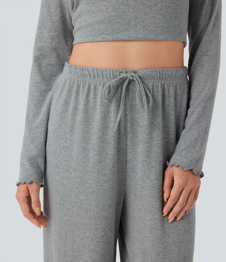 Ribbed Knit Pointelle High Waisted Drawstring Lettuce Trim Straight Leg Lounge Trousers