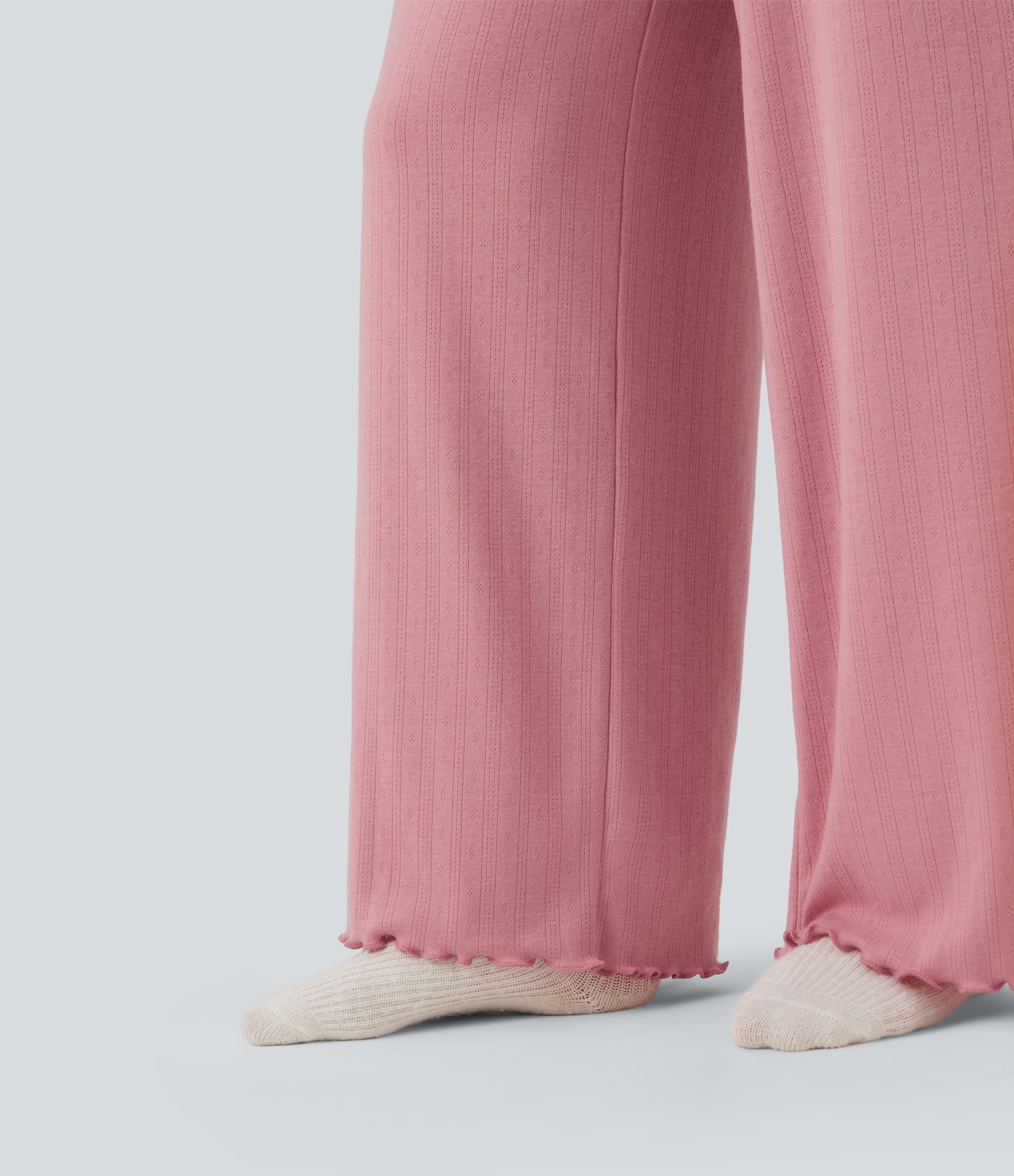 Pantalones rectos de salón Pointelle de cintura alta con cordón y ribete de lechuga