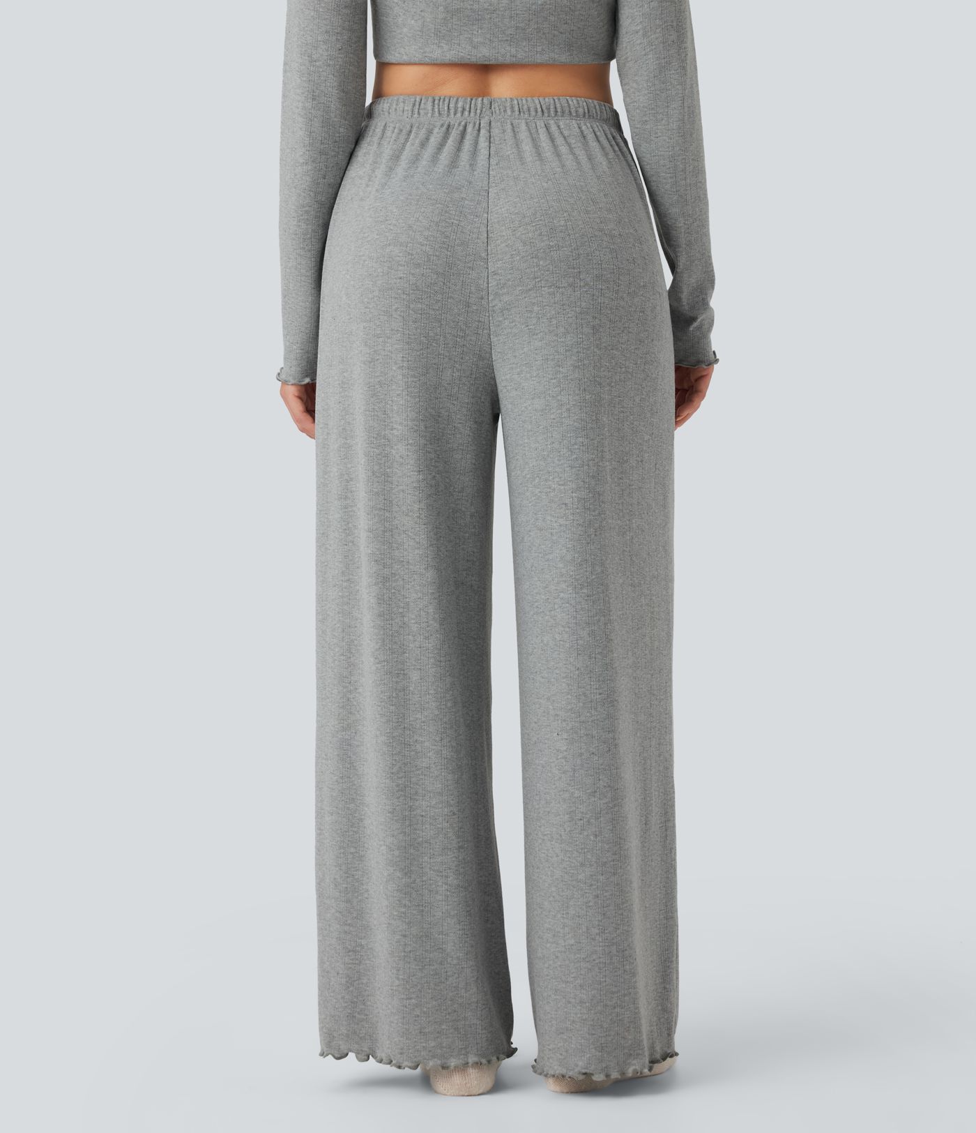 Ribbed Knit Pointelle High Waisted Drawstring Lettuce Trim Straight Leg Lounge Trousers