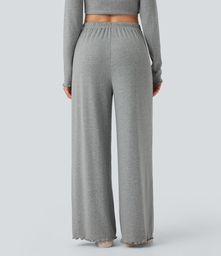 Ribbed Knit Pointelle High Waisted Drawstring Lettuce Trim Straight Leg Lounge Trousers