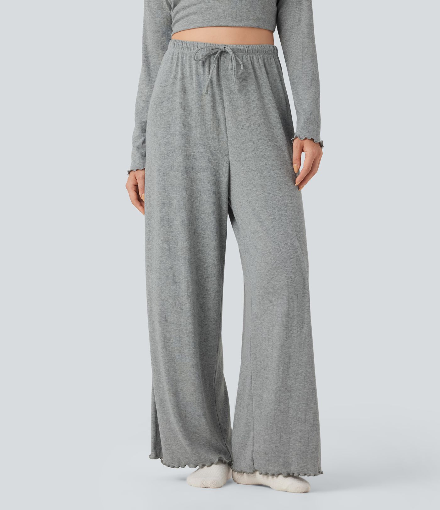 Ribbed Knit Pointelle High Waisted Drawstring Lettuce Trim Straight Leg Lounge Trousers