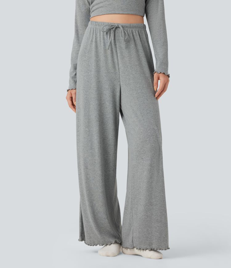 Ribbed Knit Pointelle High Waisted Drawstring Lettuce Trim Straight Leg Lounge Trousers