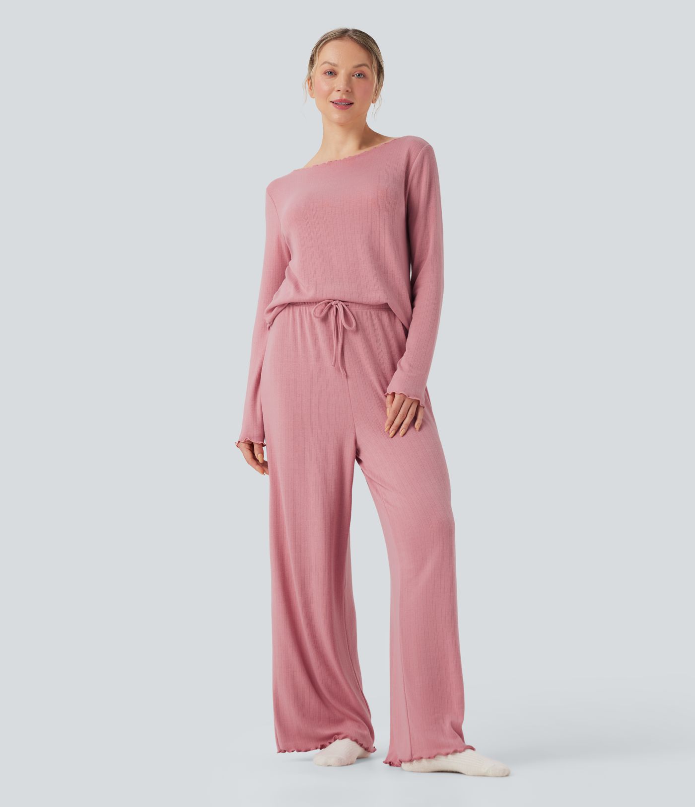 Pantalones rectos de salón Pointelle de cintura alta con cordón y ribete de lechuga