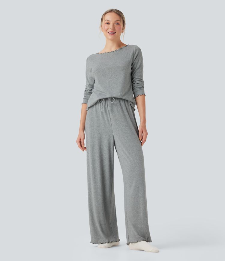 Ribbed Knit Pointelle High Waisted Drawstring Lettuce Trim Straight Leg Lounge Trousers
