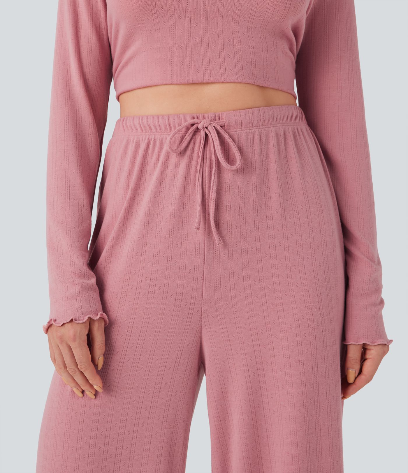 Pantalones rectos de salón Pointelle de cintura alta con cordón y ribete de lechuga