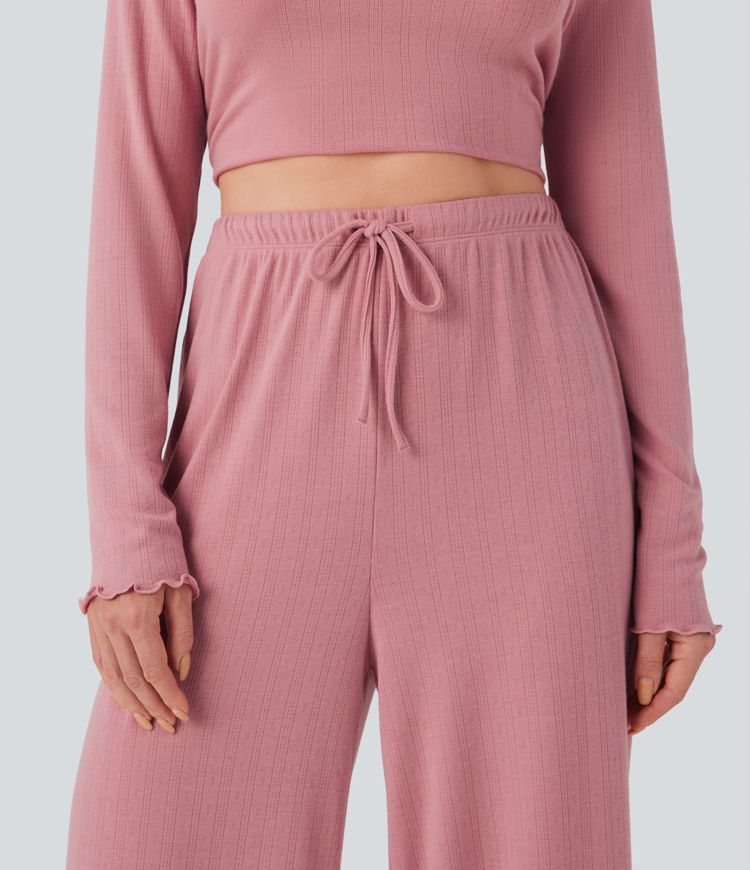 Pantalones rectos de salón Pointelle de cintura alta con cordón y ribete de lechuga