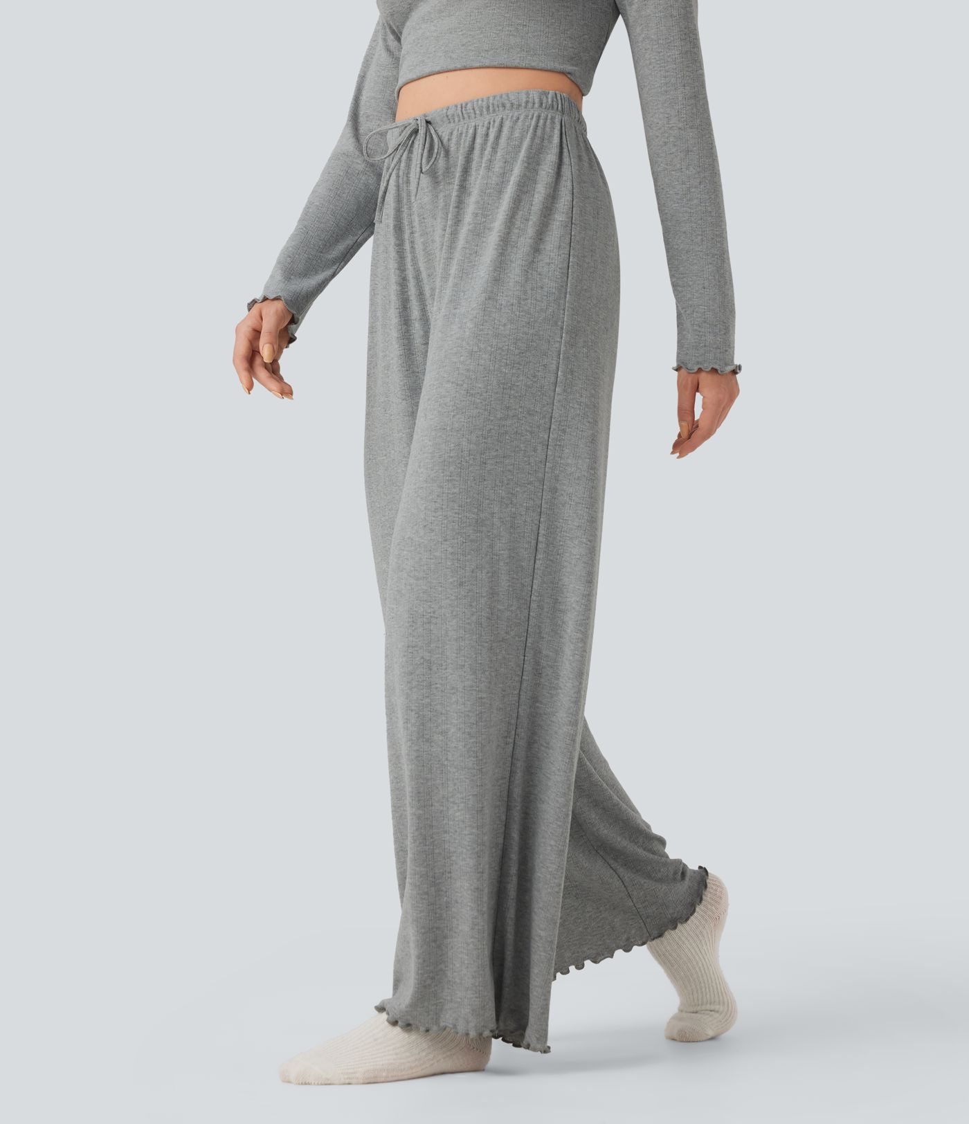 Ribbed Knit Pointelle High Waisted Drawstring Lettuce Trim Straight Leg Lounge Trousers