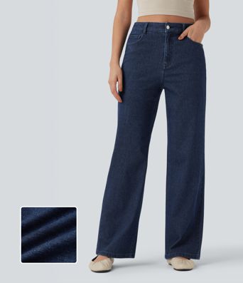 Jeans casuales de alto alto Halara Flex™ en pierna recta, acabado metálico y bolsillos