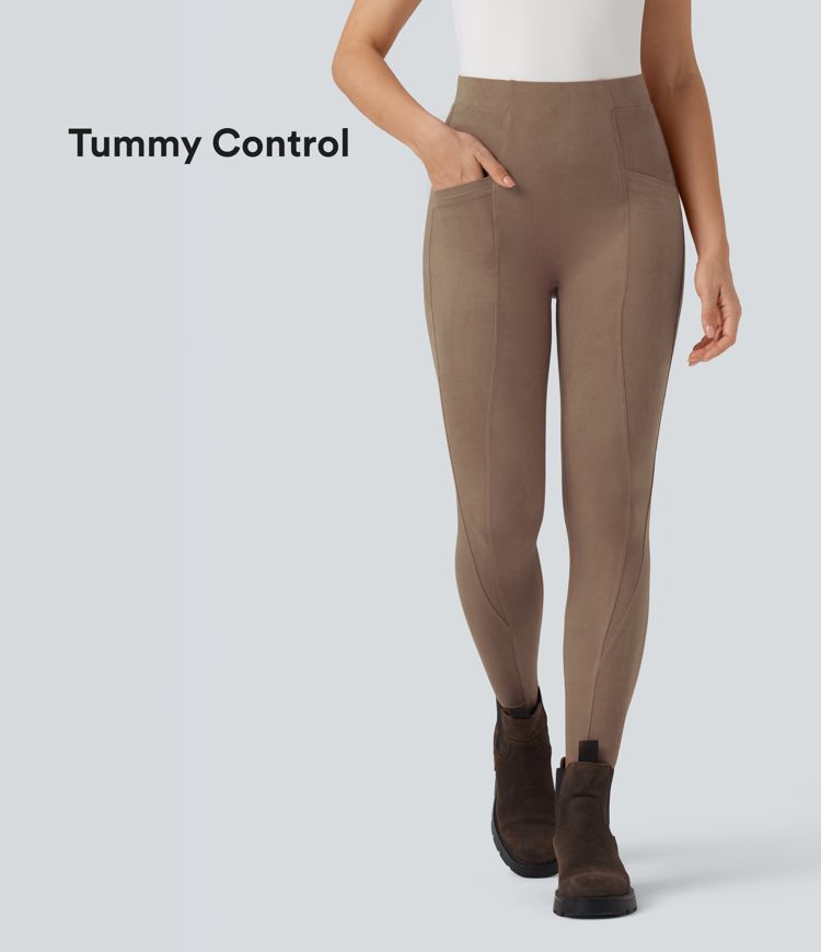 High Waisted Tummy Control Suede 7/8 Casual Leggings with Pockets
