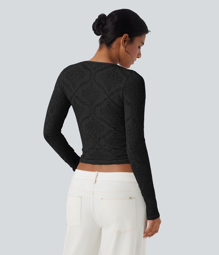 Seamless Flow Jacquard Sweetheart Neck Long Sleeve Casual Sports Top