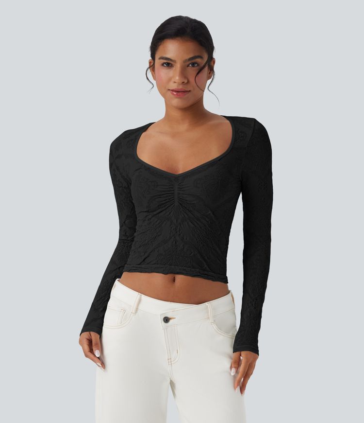 OneForm Seamless Flow Jacquard Sweetheart Neck Long Sleeve Casual Sports Top