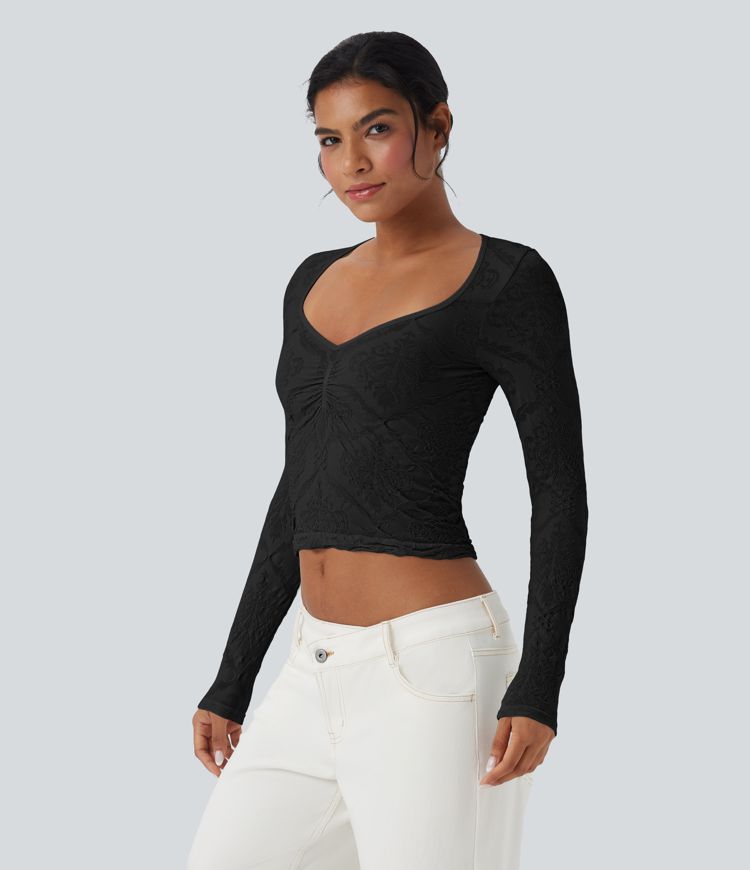 Seamless Flow Jacquard Sweetheart Neck Long Sleeve Casual Sports Top
