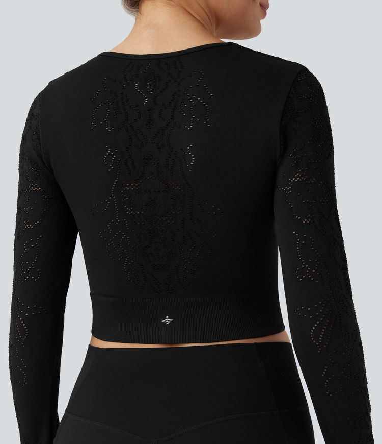 OneForm Seamless Flow Round Neck Long Sleeve Cut Out Cropped Yoga Sports Top