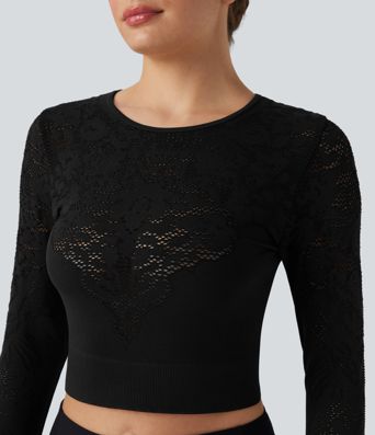 OneForm Seamless Flow Round Neck Long Sleeve Cut Out Cropped Yoga Sports Top