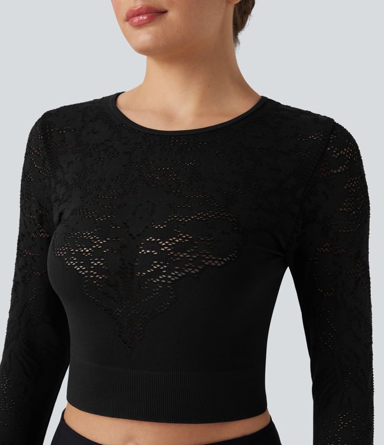 OneForm Seamless Flow Round Neck Long Sleeve Cut Out Cropped Yoga Sports Top