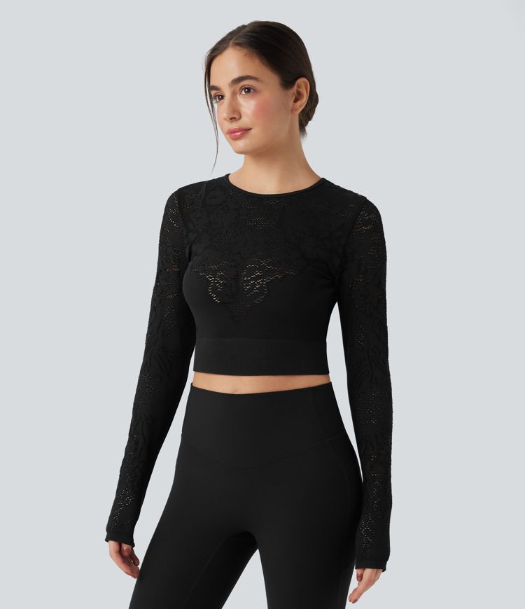 OneForm Seamless Flow Round Neck Long Sleeve Cut Out Cropped Yoga Sports Top