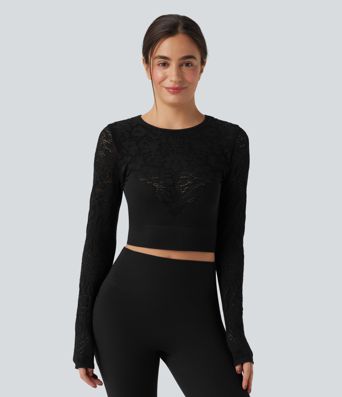 OneForm Seamless Flow Round Neck Long Sleeve Cut Out Cropped Yoga Sports Top