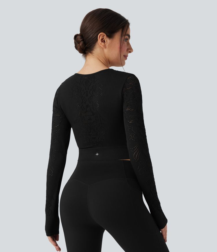 OneForm Seamless Flow Round Neck Long Sleeve Cut Out Cropped Yoga Sports Top