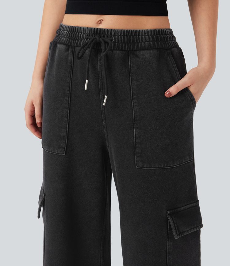 Halara Flex™ Mid Rise Drawstring Straight Leg Casual French Terry Cargo Sweatpants Jeans with Pockets