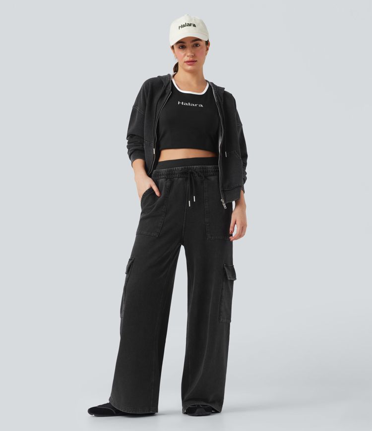 Halara Flex™ Mid Rise Drawstring Straight Leg Casual French Terry Cargo Sweatpants Jeans with Pockets
