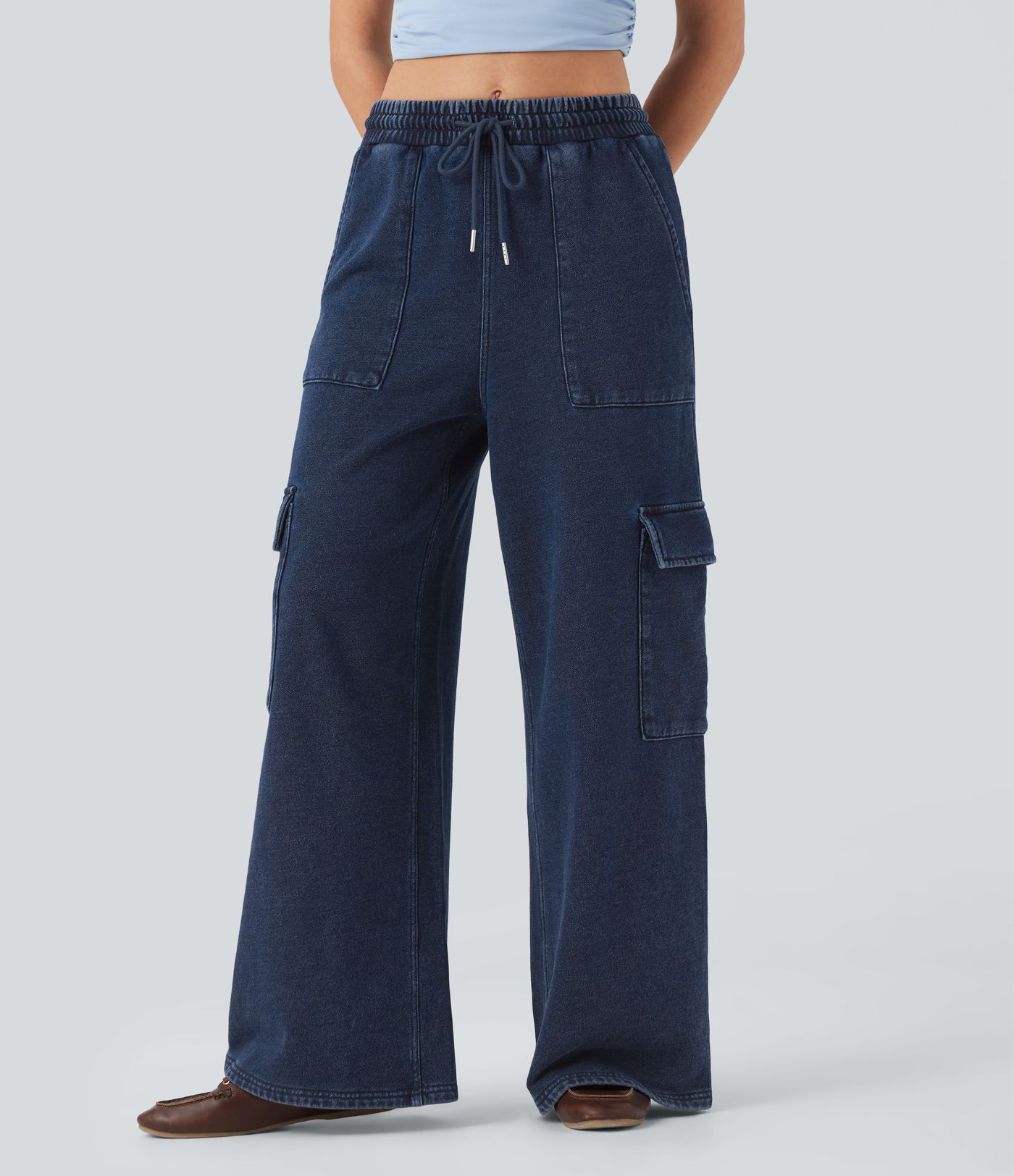Halara Flex™ Mid Rise Drawstring Straight Leg Casual French Terry Cargo Sweatpants Jeans with Pockets Halara Flex™ Mid Rise Drawstring Straight Leg Casual French Terry Cargo Sweatpants Jeans with Pockets