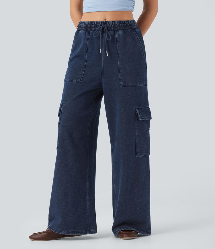 Halara Flex™ Mid Rise Drawstring Straight Leg Casual French Terry Cargo Sweatpants Jeans with Pockets Halara Flex™ Mid Rise Drawstring Straight Leg Casual French Terry Cargo Sweatpants Jeans with Pockets