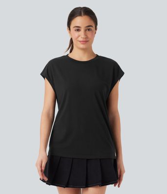 Round Neck Cap Sleeve Casual Top