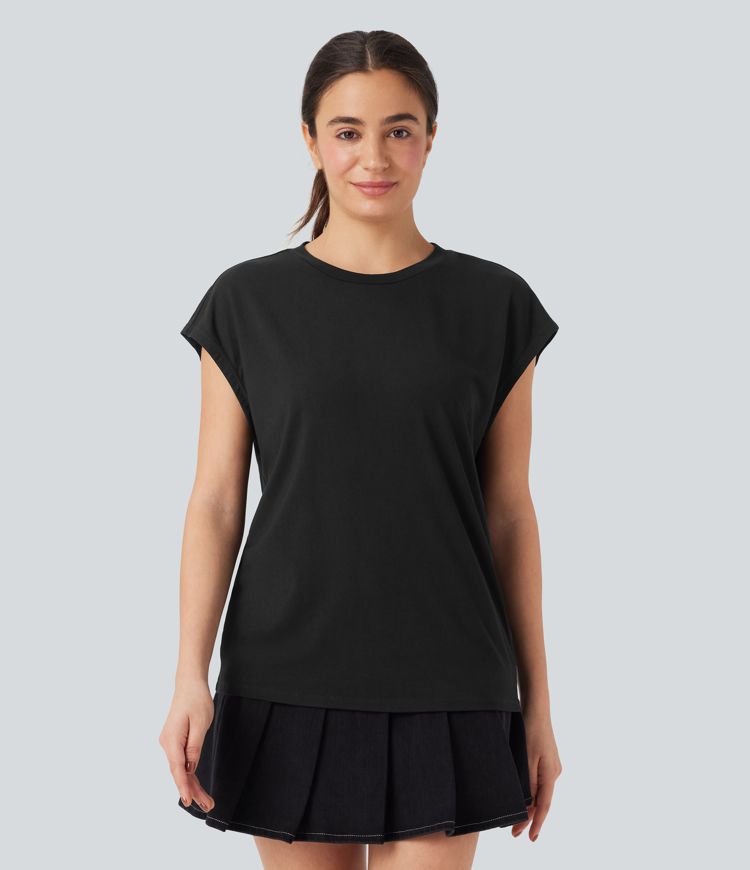 Round Neck Cap Sleeve Casual Top