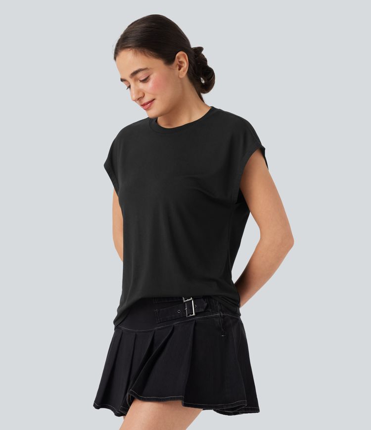 Round Neck Cap Sleeve Casual Top