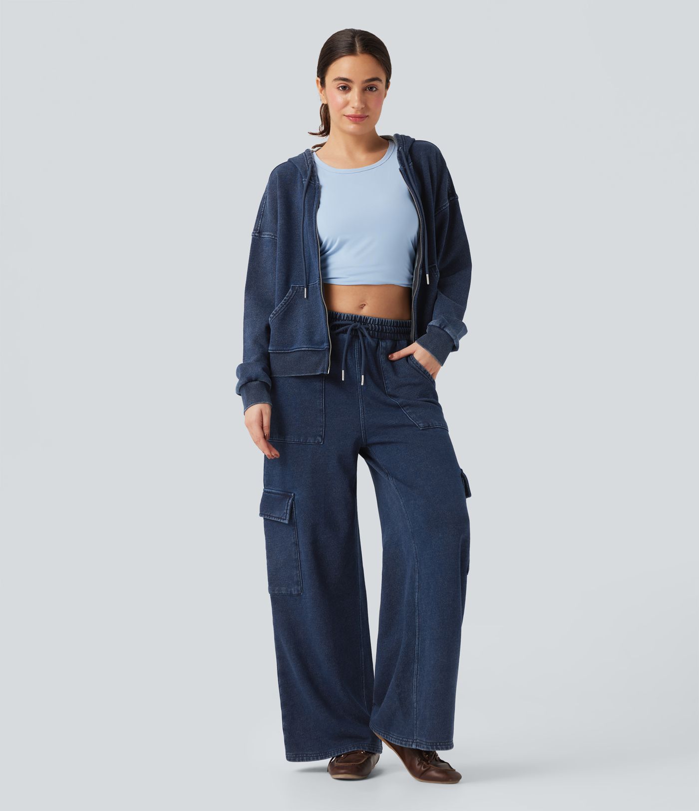 Halara Flex™ Mid Rise Drawstring Straight Leg Casual French Terry Cargo Sweatpants Jeans with Pockets