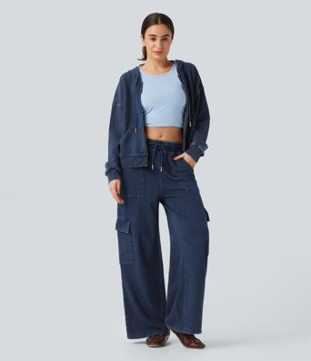 Halara Flex™ Mid Rise Drawstring Straight Leg Casual French Terry Cargo Sweatpants Jeans with Pockets