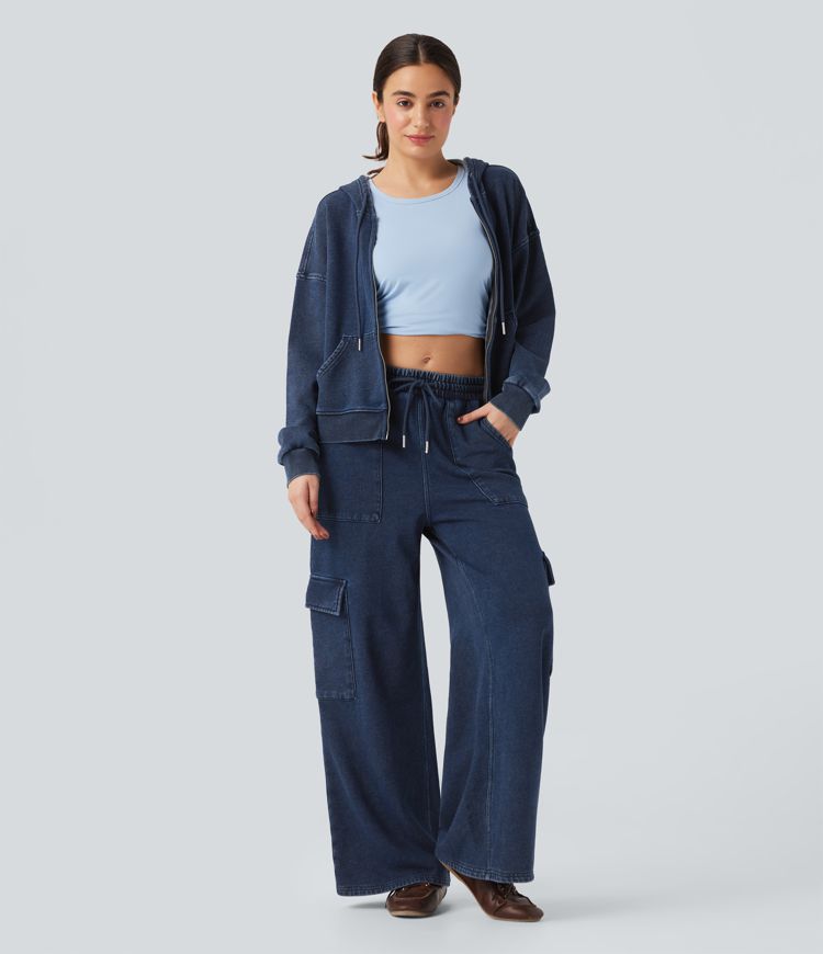 Halara Flex™ Mid Rise Drawstring Straight Leg Casual French Terry Cargo Sweatpants Jeans with Pockets