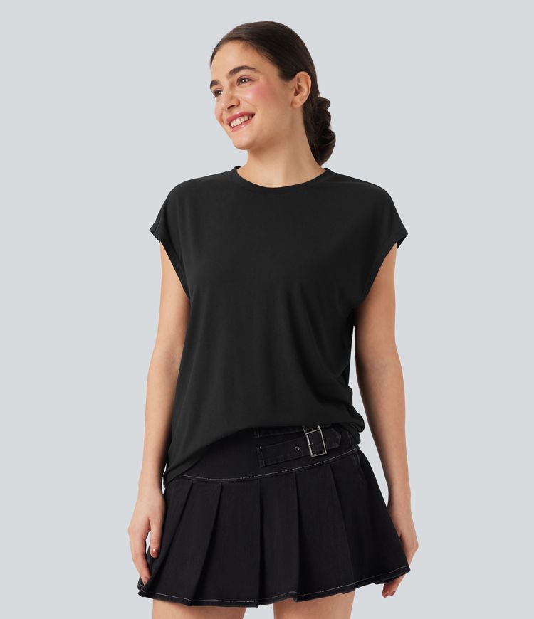 Round Neck Cap Sleeve Casual Top