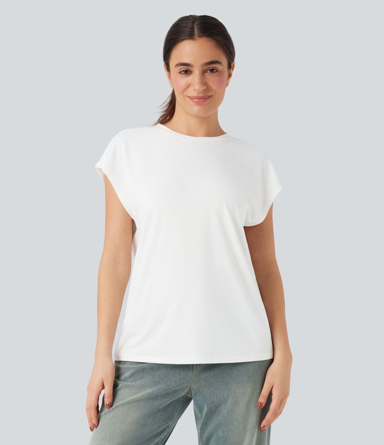 Round Neck Cap Sleeve Casual Top
