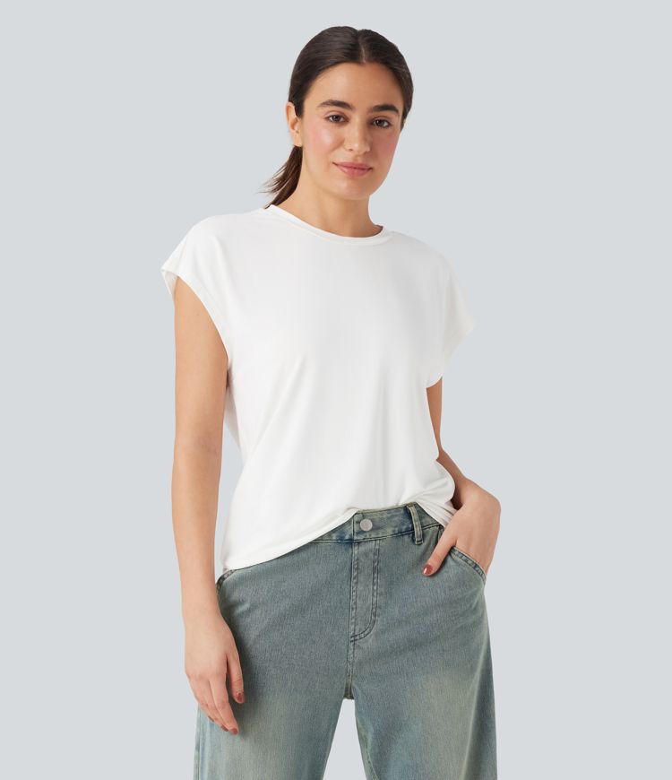Round Neck Cap Sleeve Casual Top