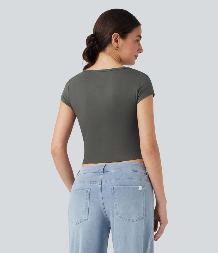 V Neck Short Sleeve Cropped Casual T-Shirt