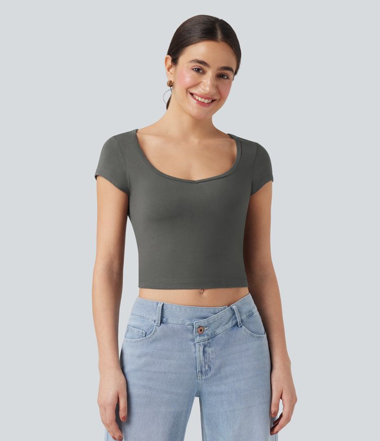 V Neck Short Sleeve Cropped Casual T-Shirt